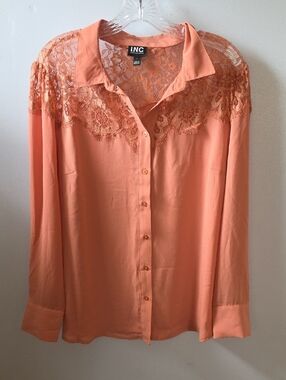 INC International Concepts Peach/Pink Lace-Yoke Button Down Shirt